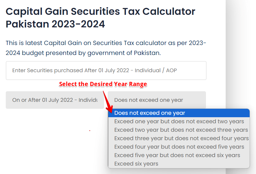 Select Desired Year of Capital Gain Securities Tax Calculator