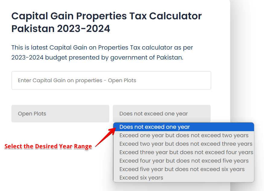 Select Desired Year on Capital Gain Properties Tax Calculator