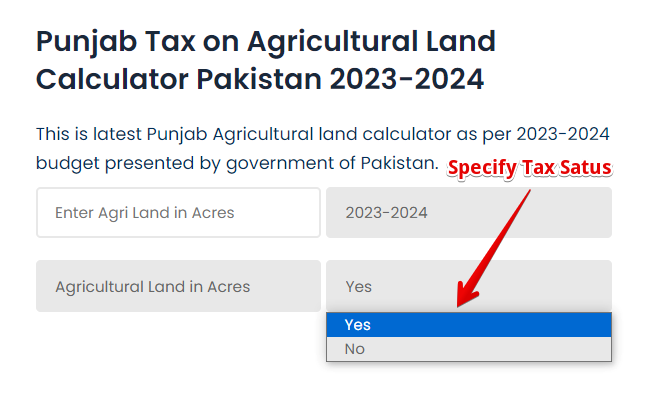 Specify Tax Status in Punjab Agricultural Land Tax Calculator