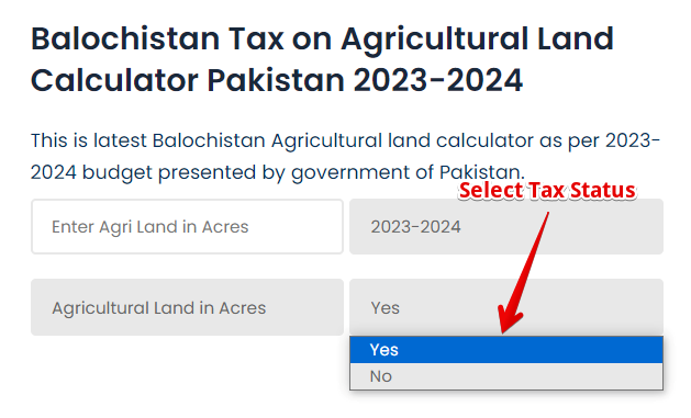 select tax status in Balochistan Tax on Agricultural Land Calculator