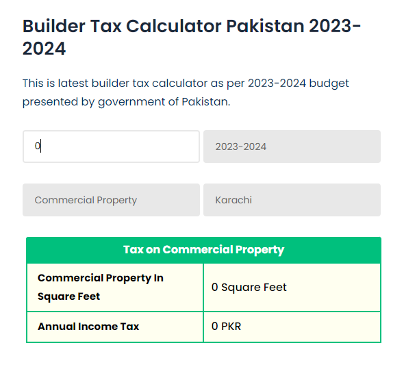 View Tax Result on Builder Tax Calculator Pakistan