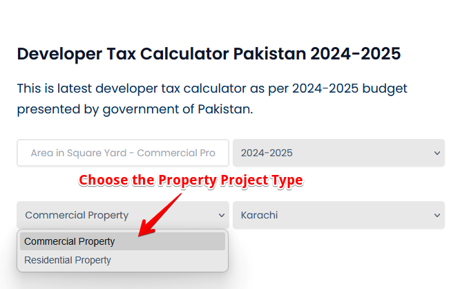 Select Location from Pakistan Builder tax calculator