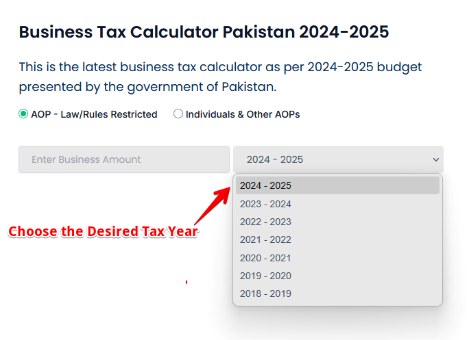 Choose the desired Year in Business Tax Calculator