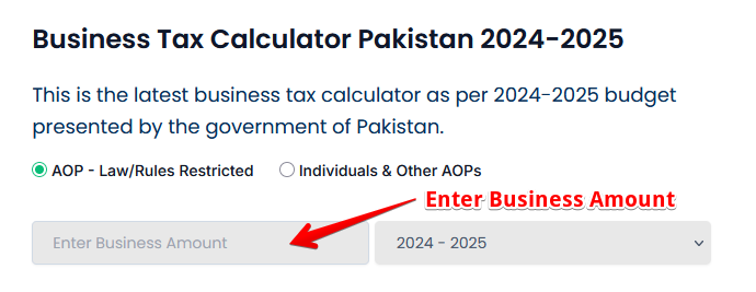 Enter Business Amount in Business Tax Calculator