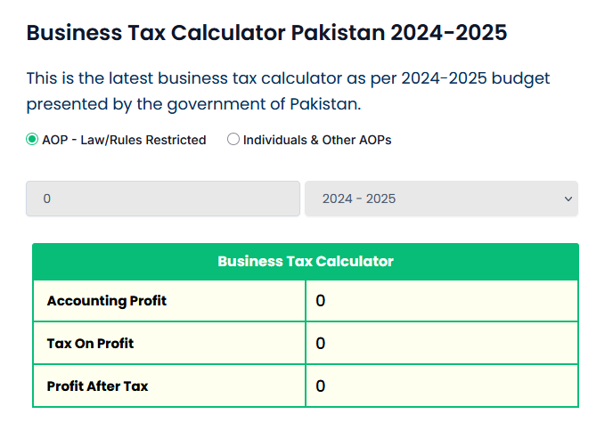 Pakistan Business Tax Calculator