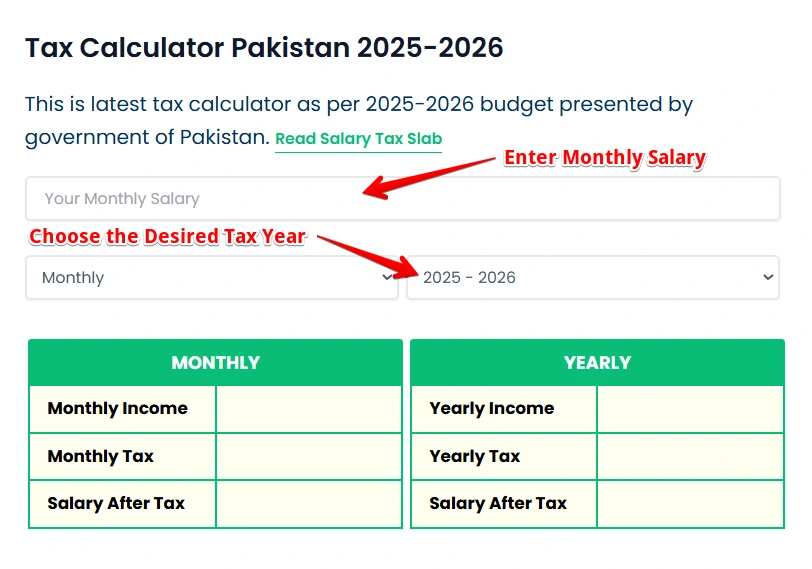 Salary and Year of Pakistan Salary Tax Calculator